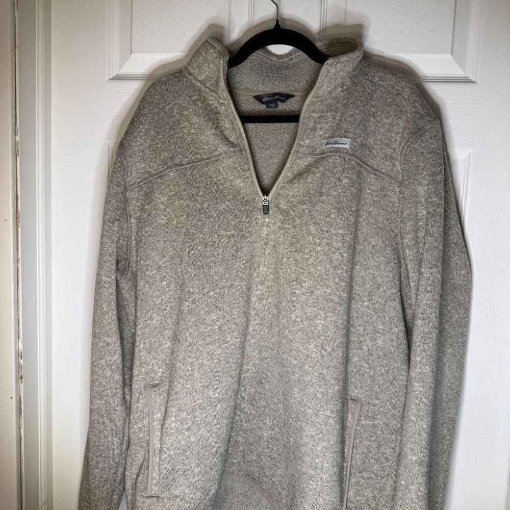 Eddie Bauer Mens XL Quarter Zip Fleece Lined Sweater Pullover Marled Oatmeal - Picture 5 of 7
